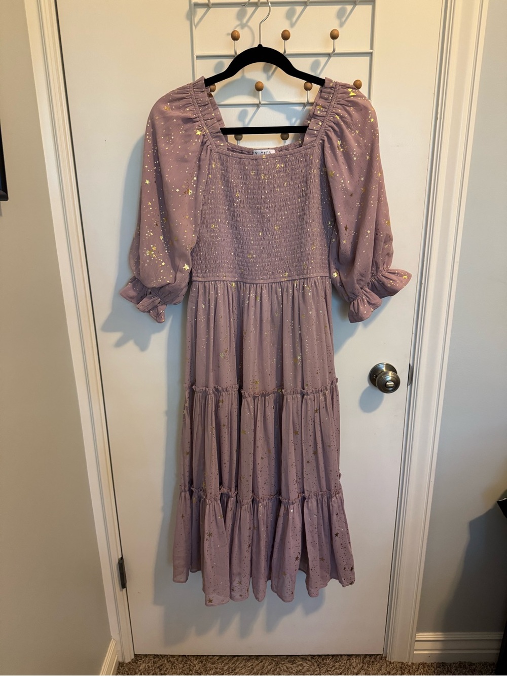 Lilac Puff-Sleeve Smocked Maxi Dress with Gold Star Accents